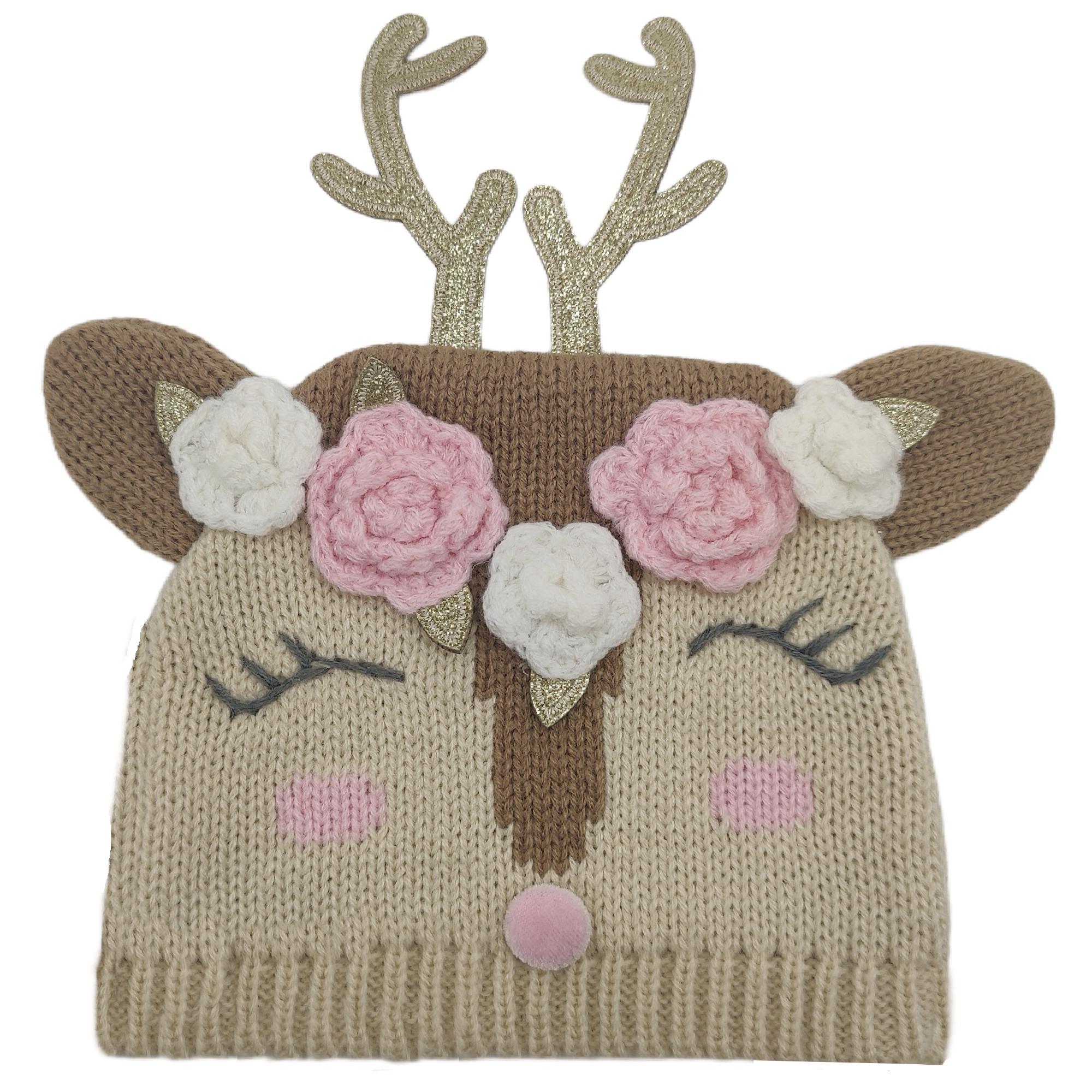 Children Handmade Little Fawn Flower Glittery Antler Acrylic Gift Winter Knitted Caps